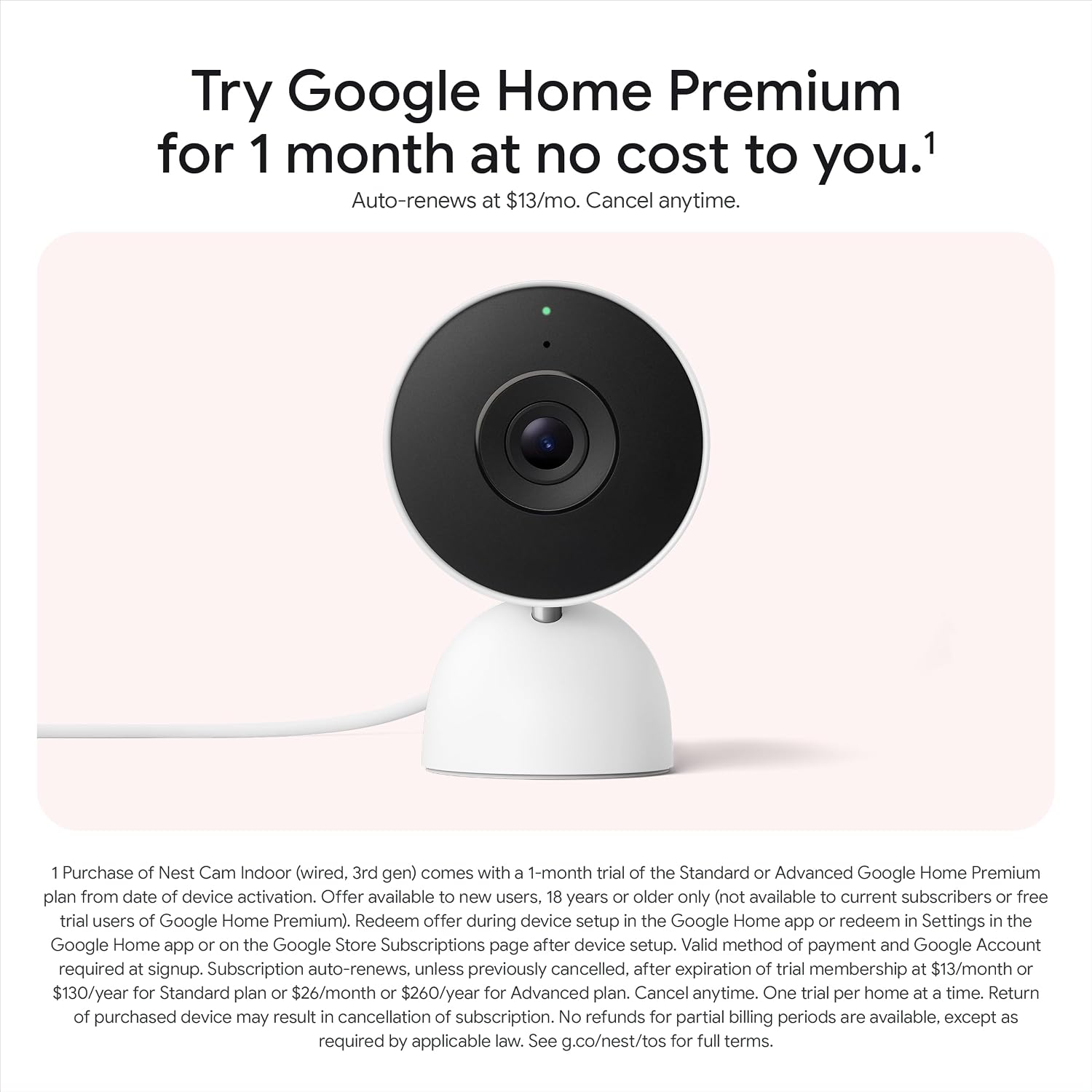 Google Nest Cam Indoor (Wired, 3rd gen) - 2K Video and Gemini