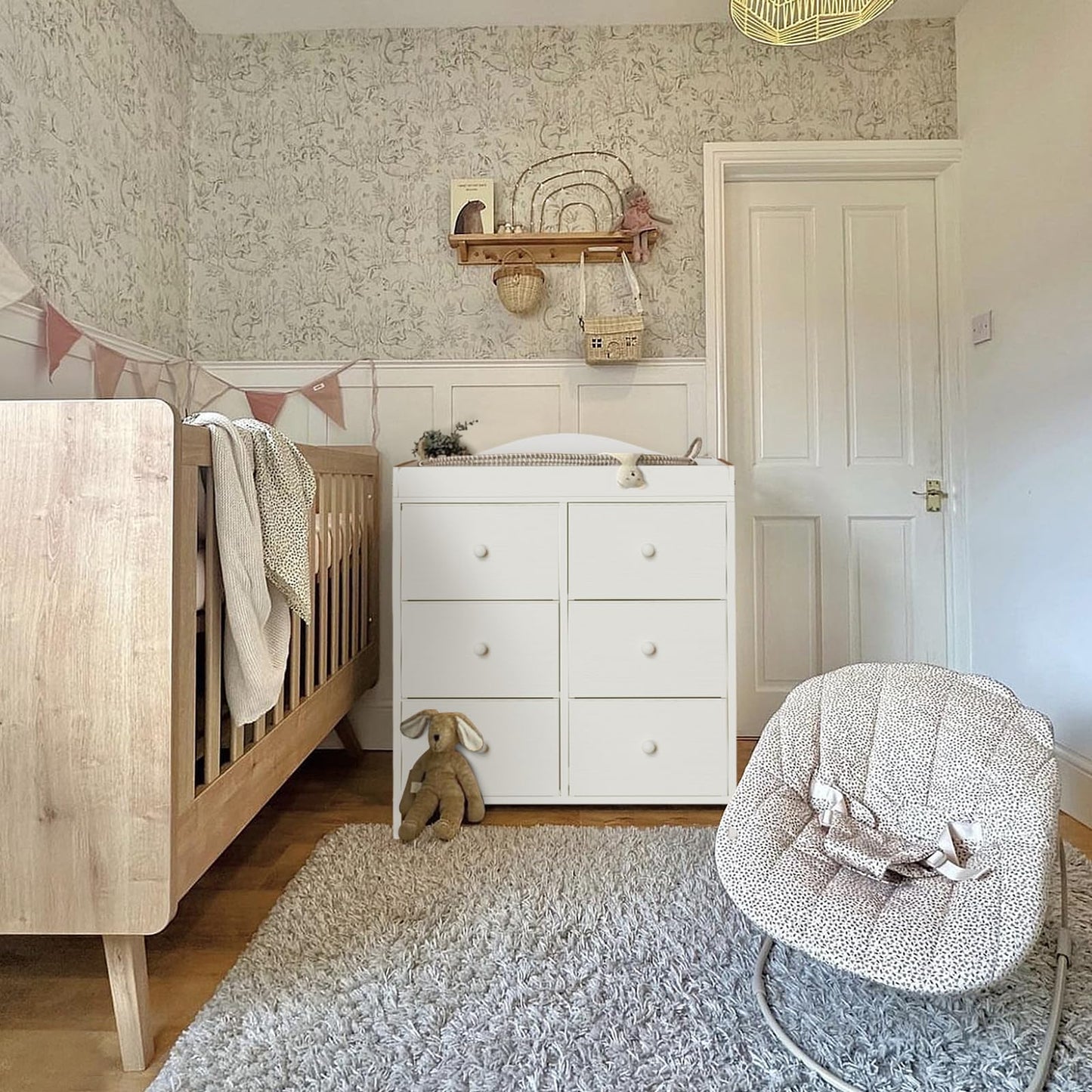BOLUO White Changing Table Dresser with 6 Drawers Baby Dresser with Changing Table Top Diaper Changing Station with Storage for Nursery Modern