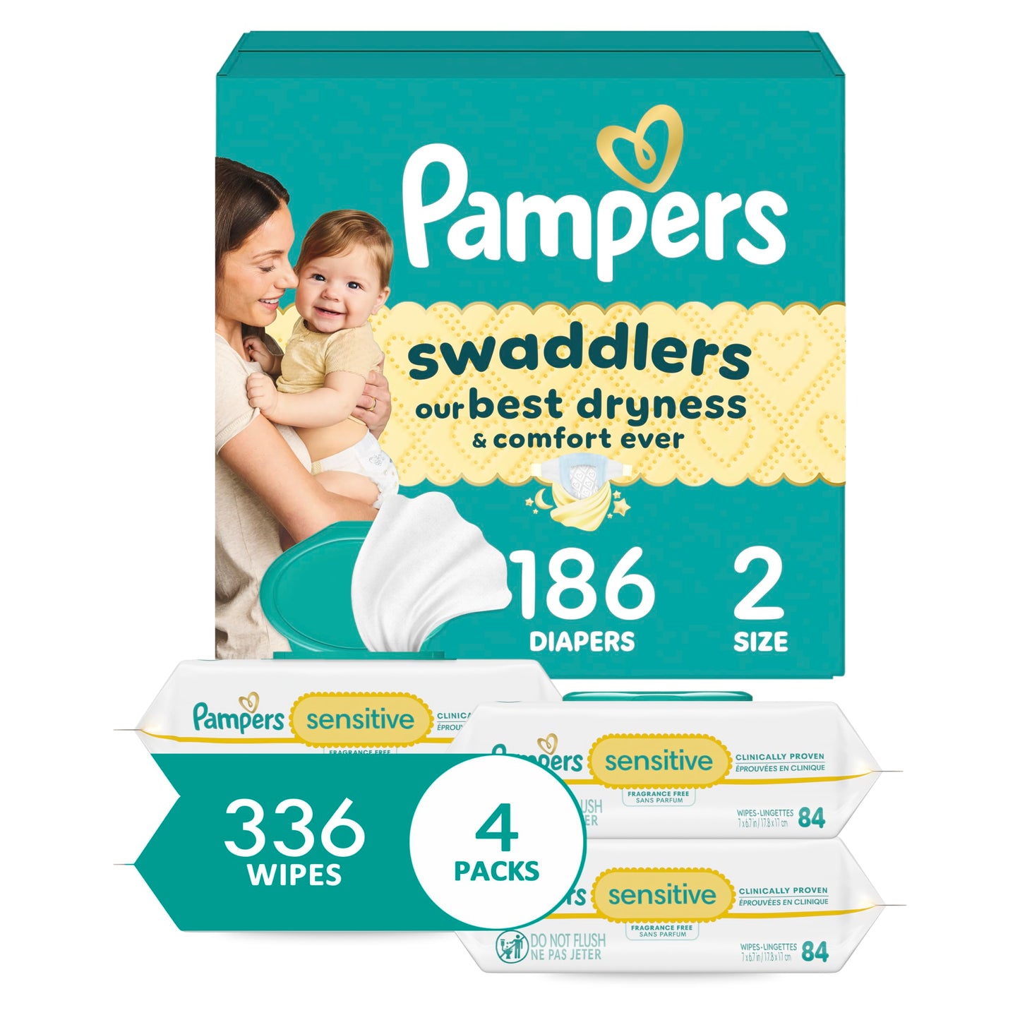 Pampers Swaddlers Disposable Baby Diapers Size 1, One Month Supply (198 Count) with Sensitive Water Based Baby Wipes 6X Pop-Top Packs (336 Count)