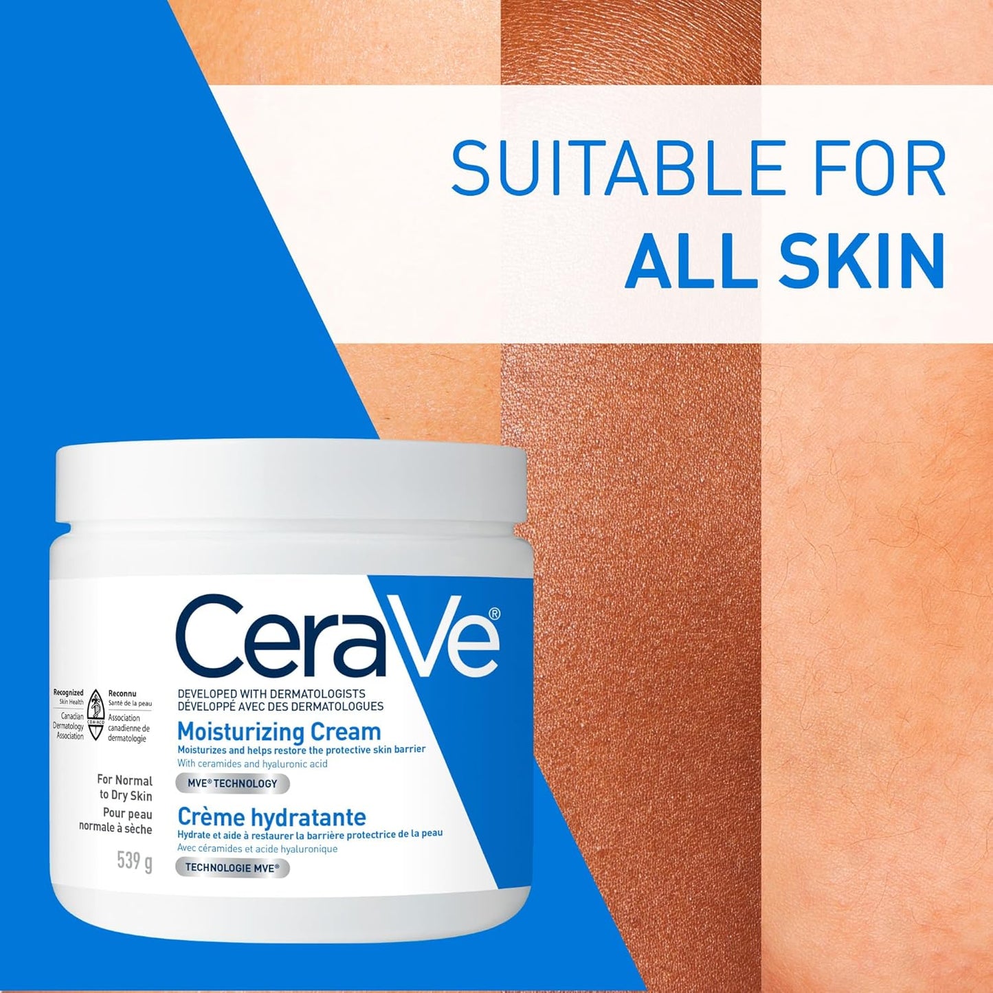 CeraVe Feuchtigkeitscreme, Tägliche Gesichts-, Hand- und Körpercreme für trockene Haut mit Hyaluronsäure und Ceramiden für Frauen und Männer. Für empfindliche Haut, ölfrei, nicht komedogen, parfümfrei, 539 Gramm
