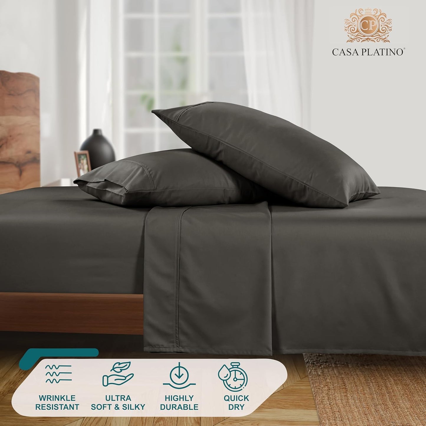 1000 Thread Count Queen Size Bed Sheet Set - Charcoal Egyptian Cotton Blend