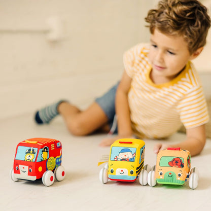 Melissa & Doug K's Kids Pull-Back Town Vehicle Set - Baby Toys Set with 4 Soft Toy Cars and Trucks, Surface Washable with Removable Wheels, Learning Toys for Babies and Toddlers