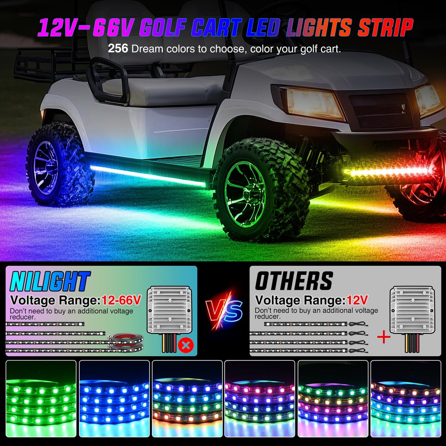 Nilight 6PCS Golf Cart Underbody Light Kit with Canopy Lights Dream Color Multi-Mode Neon Accent Lighting APP Remote Control Sound Active Music Sync IP67 Waterproof 12V-66V for EZGO Yamaha Club Car