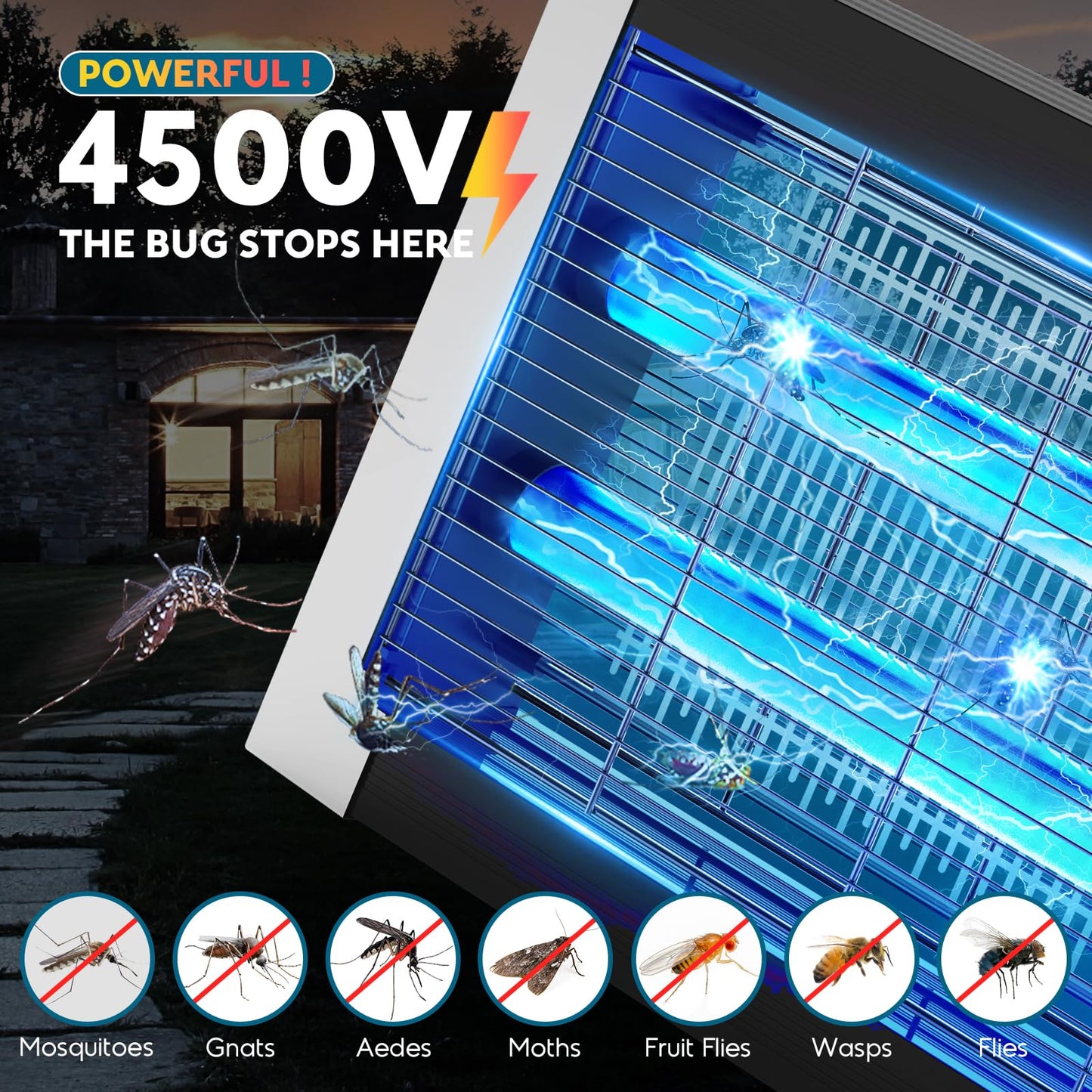 Solar Bug Zapper Outdoor, Waterproof Mosquito Zapper Outdoor Solar Powered, 4500V Electric Bug Zapper Indoor w/Smart Light Sensor, Mosquito Trap Fly Zapper for Patio Kitchen Garage Yard Camping