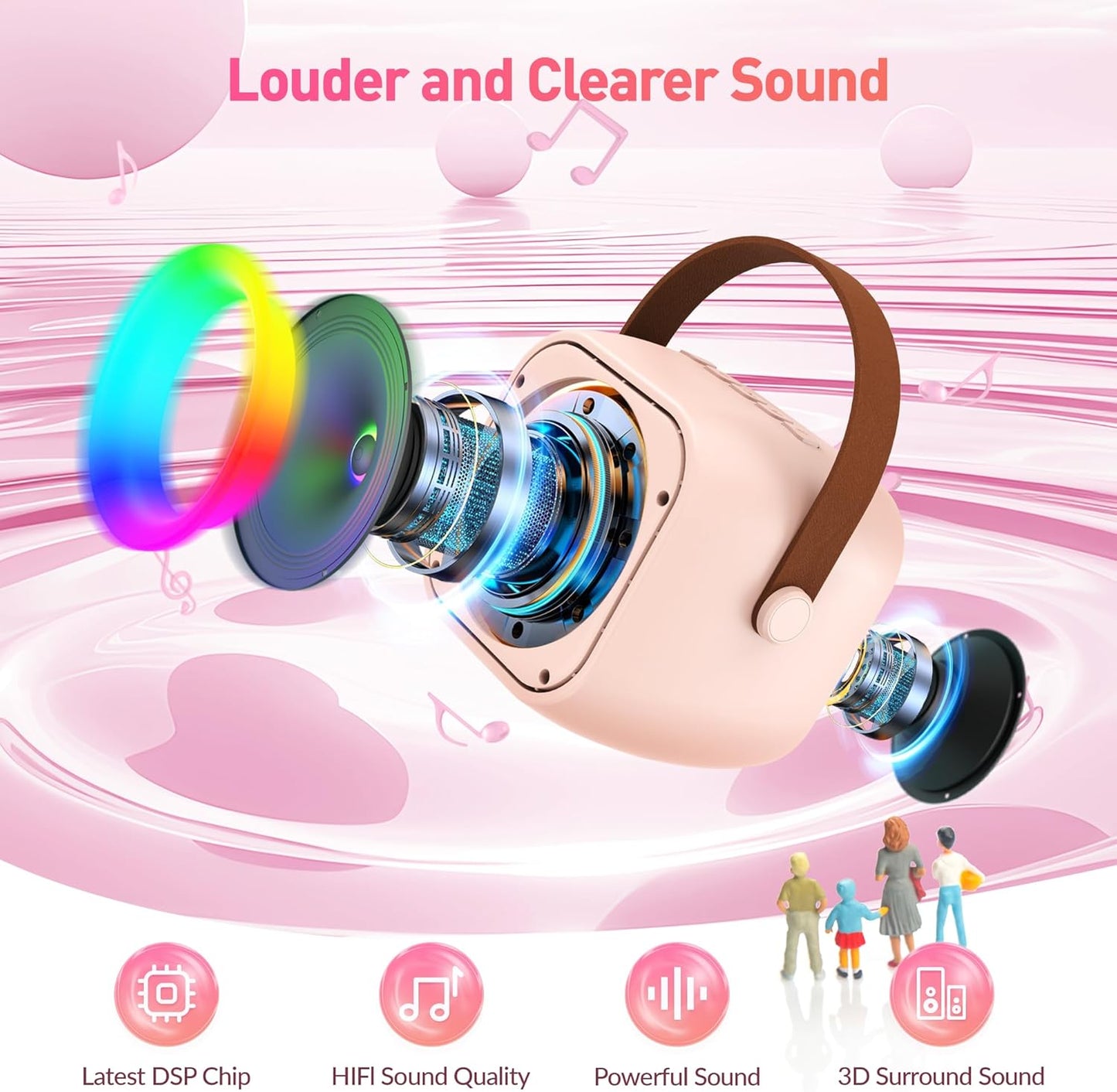 Mini Karaoke Machine for Kids Adults, Portable Bluetooth Speaker with 2 Wireless Microphone, Birthday Gifts for Girls Boys Ages 4, 5, 6, 7, 8, 9, 10, 12+ Years Old (Pinkcolor)