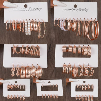 42 Paar goldene Creolen für Damen, Modisches klobiges Perlenohrring-Multipack, gedrehter Statement-Ohrring-Pack, hypoallergene kleine große Creolen für Geburtstagsfeiern (Gold-42 Paare)