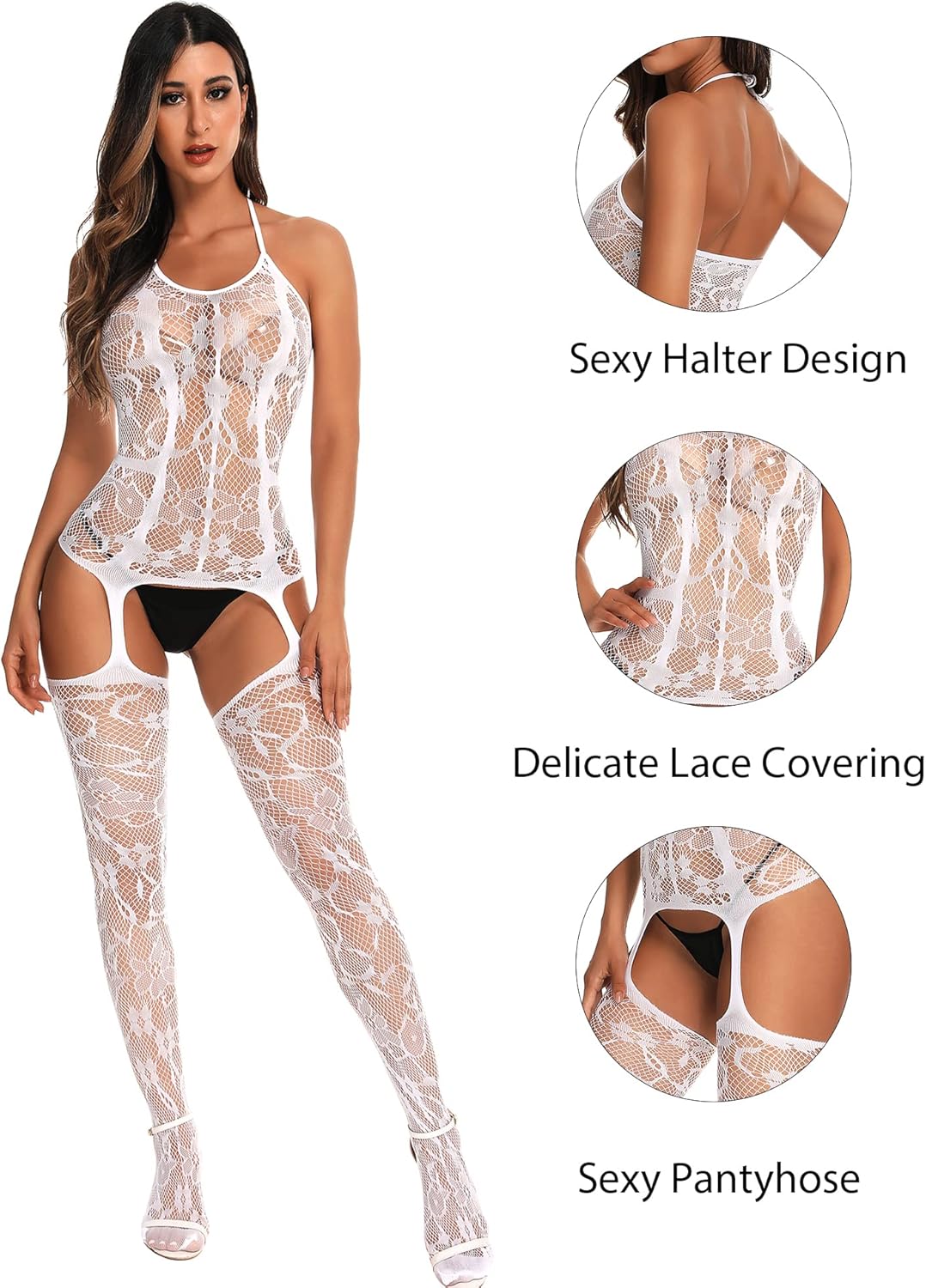 RSLOVE Damen Netz Bodystocking mit befestigten Strümpfen, sexy Dessous, offenem Schritt Body, Einteiler Babydoll, Einheitsgröße