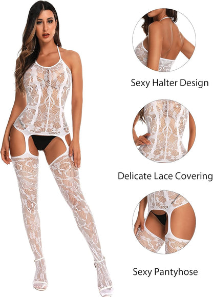 RSLOVE Damen Netz Bodystocking mit befestigten Strümpfen, sexy Dessous, offenem Schritt Body, Einteiler Babydoll, Einheitsgröße
