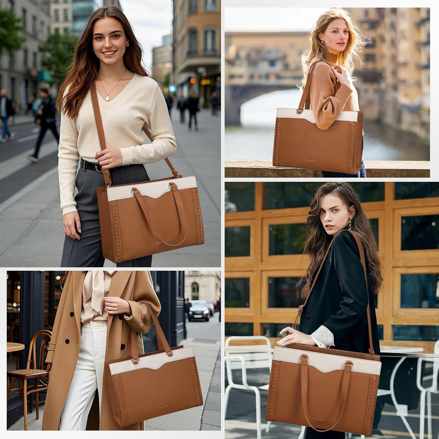 RAINSMORE Laptop Bag for Women 15.6 Inch Work Tote Bag with Detachable Strap & Bow Leather Laptop Tote with Cup Holder