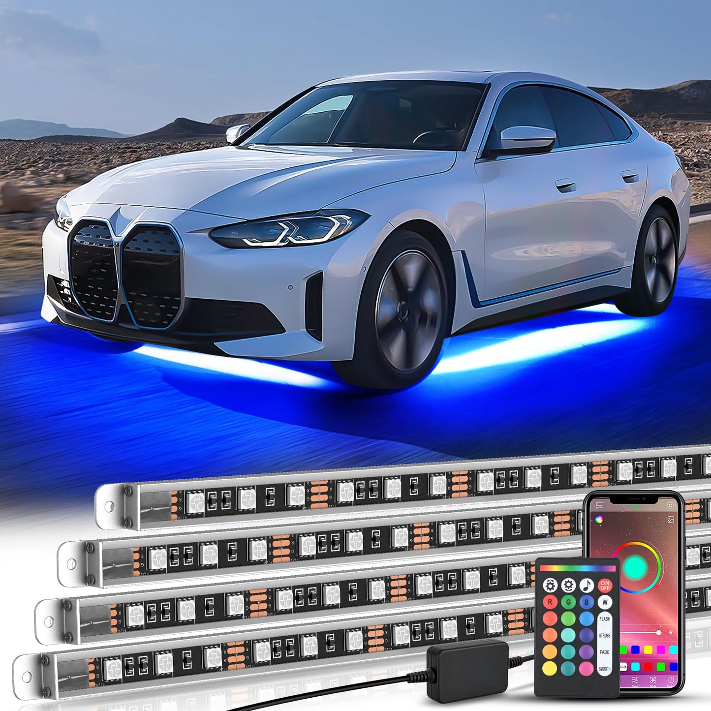 Nilight 4Pcs Car Underglow Neon Accent Strip Lights 252 LEDs RGB 8 Color Sound Active Function Music Mode with Wireless Remote Control Underbody Light Strips for Cars Van SUV Truck