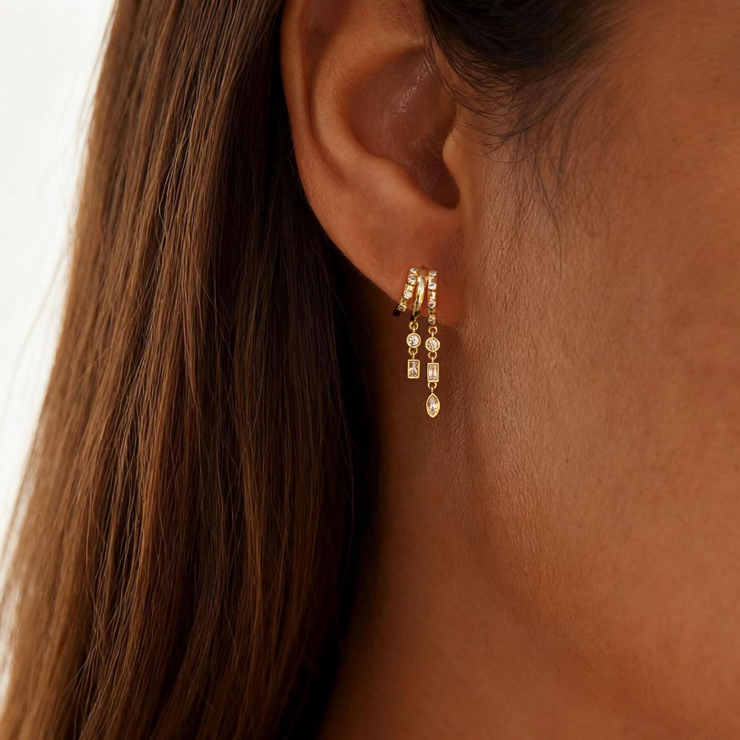Dangle Earrings for Women,14k Gold Plated Triple Huggie Stud Earrings Cute Statement Chain Earring Dainty Drop Earrings for Women Trendy Gold Plated Jewelry