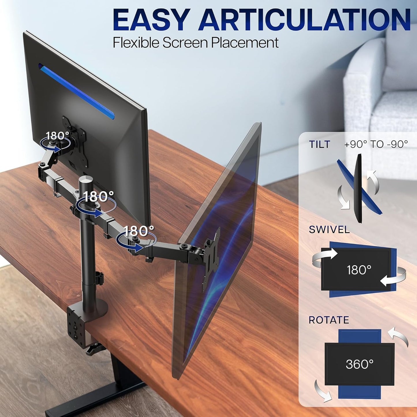 VIVO Dual-Monitor Tischhalterung, für 2 Bildschirme bis zu 30 Zoll und je 10 kg, Hochleistungs-Stahlständer voll verstellbar mit Klemme und Tülle, Schwarz, STAND-V002