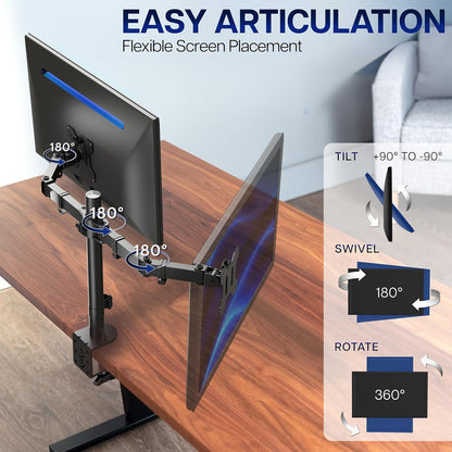 VIVO Dual-Monitor Tischhalterung, für 2 Bildschirme bis zu 30 Zoll und je 10 kg, Hochleistungs-Stahlständer voll verstellbar mit Klemme und Tülle, Schwarz, STAND-V002