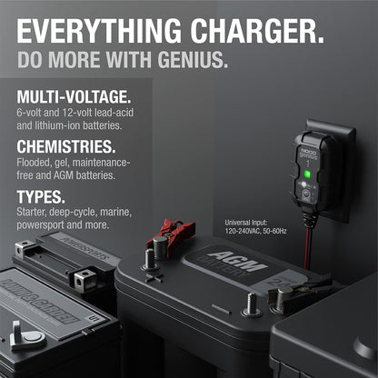 NOCO GENIUS1: 1A 6V/12V Smart-Batterieladegerät – Automatisches Erhaltungsladegerät, Trickle Charger & Desulfator mit Überladungsschutz & Temperaturkompensation – für Blei-Säure- & Lithiumbatterien