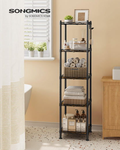 SONGMICS Storage Shelf, Small Metal Wire Shelving Unit, Adjustable Shelves, for Small Spaces, Garage, Bedroom, Living Room, Kitchen, Pantry, 5 Tier, 11.8 x 11.8 x 47.6 Inches, Ink Black ULGR123BH01