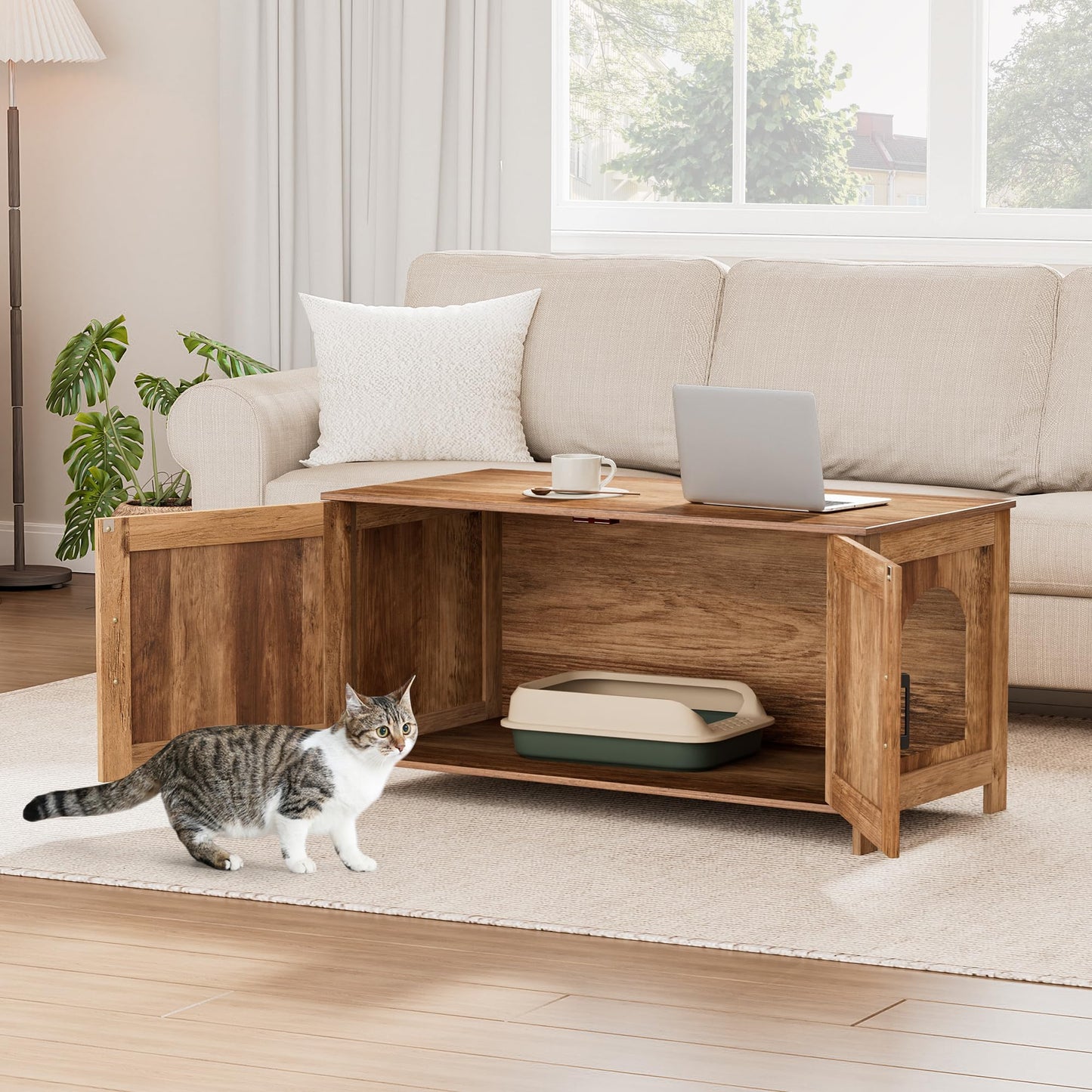 Homhedy Cat Litter Box Enclosure, Wooden Cat Washroom Furniture with Barn Door, Pet House, Fit Most of Litter Box, White