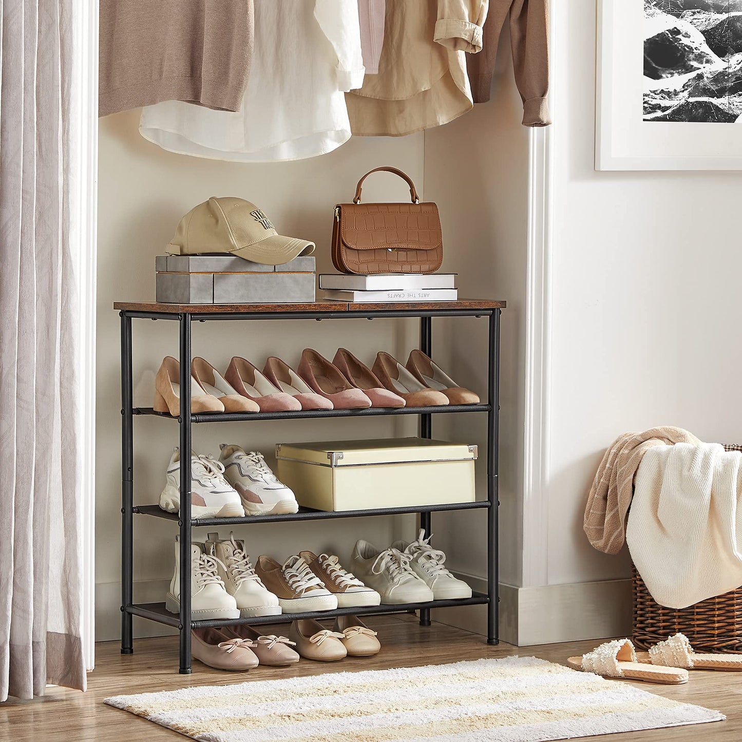 VASAGLE Shoe Rack, 4-Tier Shoe Storage Organizer for Entryway and Closet, Holds 9-12 Pairs of Shoes, 3 Fabric Shelves, Steel Frame, Industrial, Rustic Brown and Black ULBS035B01