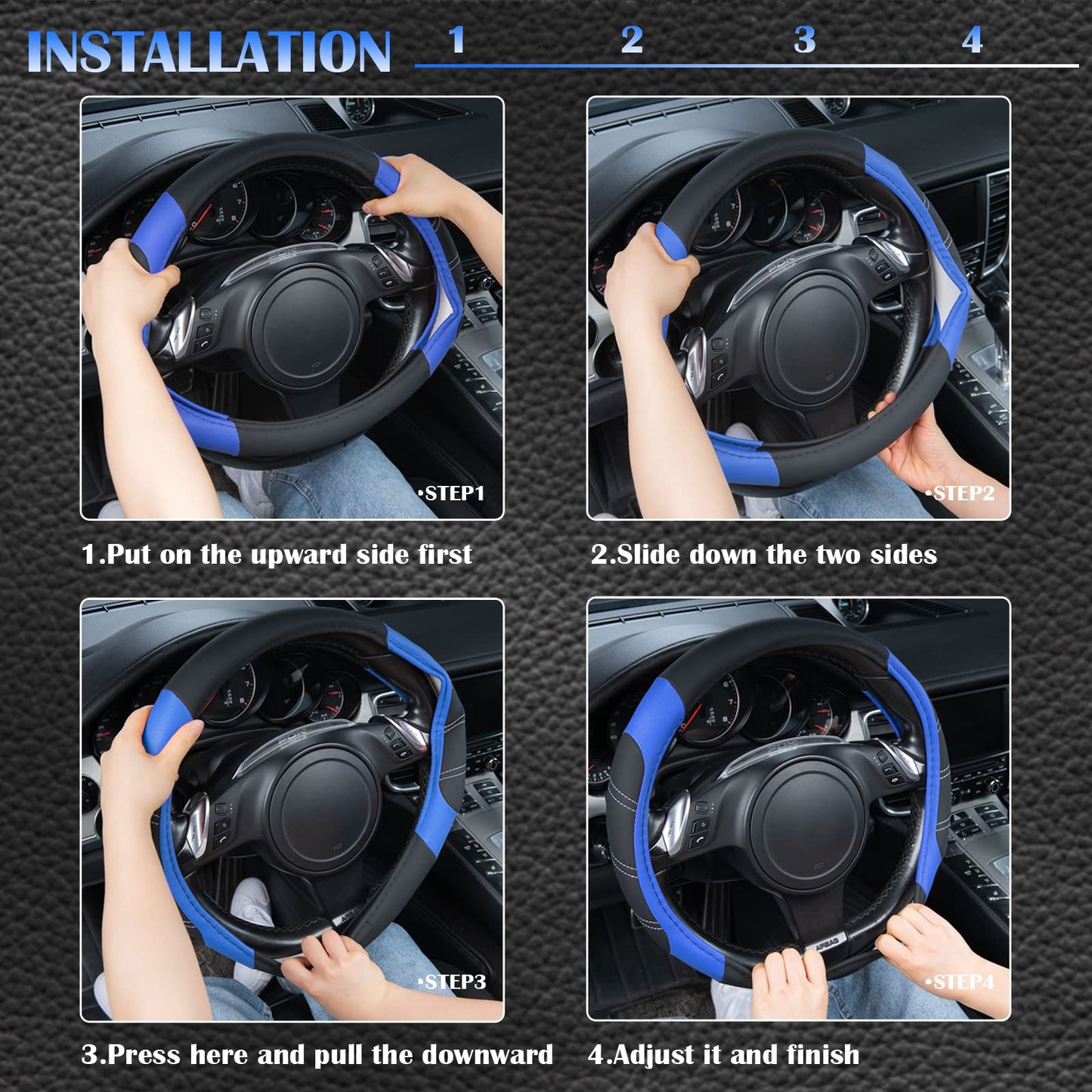 CAR PASS Line Rider Mikrofaser-Leder Sportlicher Lenkradbezug Universal Passend für 95% LKW, SUV, PKW, 36,8-38,1 cm Rutschfest Sicher Bequem Design (Schwarz-Grau)