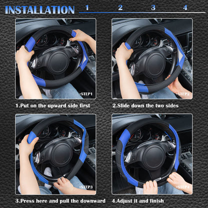 CAR PASS Line Rider Mikrofaser-Leder Sportlicher Lenkradbezug Universal Passend für 95% LKW, SUV, PKW, 36,8-38,1 cm Rutschfest Sicher Bequem Design (Schwarz-Grau)