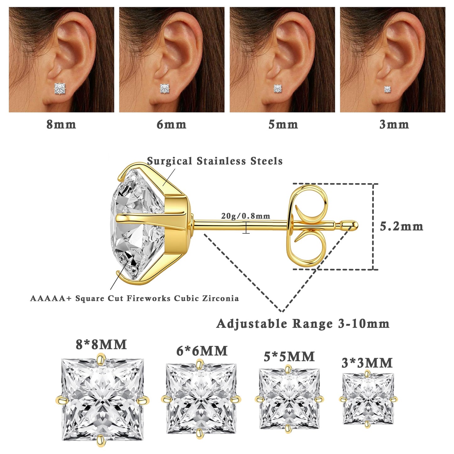 Trinckle 4 Paar Edelstahl Ohrringe, Silber Zirkonia Ohrstecker Hypoallergener Prinzessschliff Ohrstecker Set für Damen, Quadratische Ohrringe für Herren Knorpelpiercing Labordiamant Herren Schmuck Geschenke