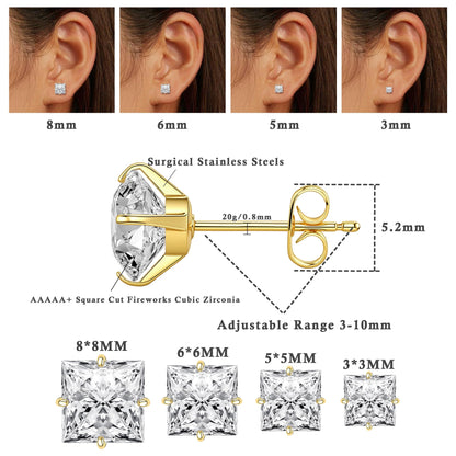 Trinckle 4 Paar Edelstahl Ohrringe, Silber Zirkonia Ohrstecker Hypoallergener Prinzessschliff Ohrstecker Set für Damen, Quadratische Ohrringe für Herren Knorpelpiercing Labordiamant Herren Schmuck Geschenke