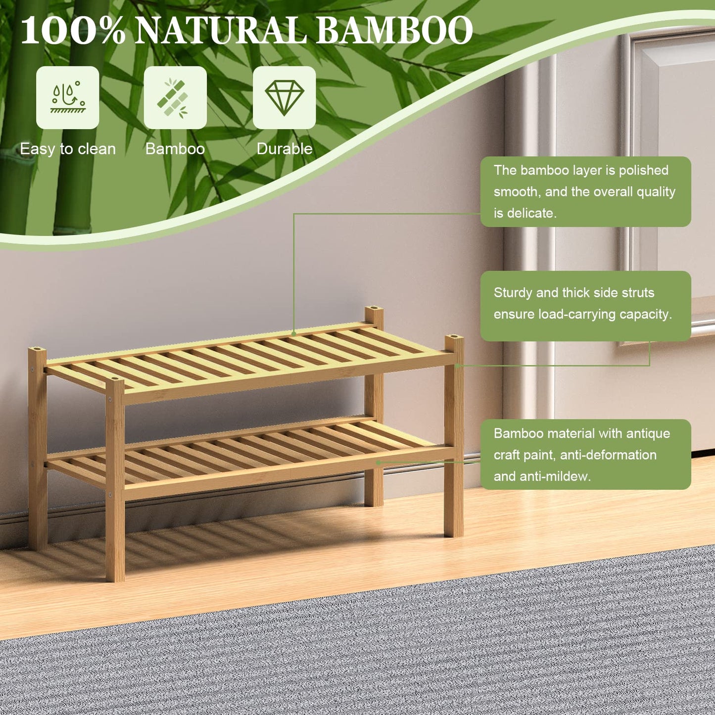 ROMGUAR CRAFT 3 Tier Bamboo Shoe Rack for Closet Free Standing Wood Shoe Shelf Storage Organizer for Entryway Small Space Stackable 27"x11"x20" (Natural)