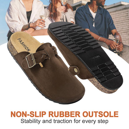 Women's Suede Clogs Mens Leather Mules Comfort Cork Footbed Sandals with Arch Support and Adjustable Buckle
