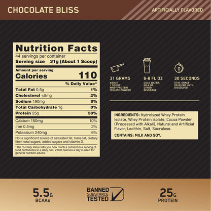 Optimum Nutrition Gold Standard 100% Isolate, Protein Powder, Chocolate Bliss, 3 Pounds, 44 Servings. Whey Protein Isolate (Packaging May Vary) (Pack of 4)