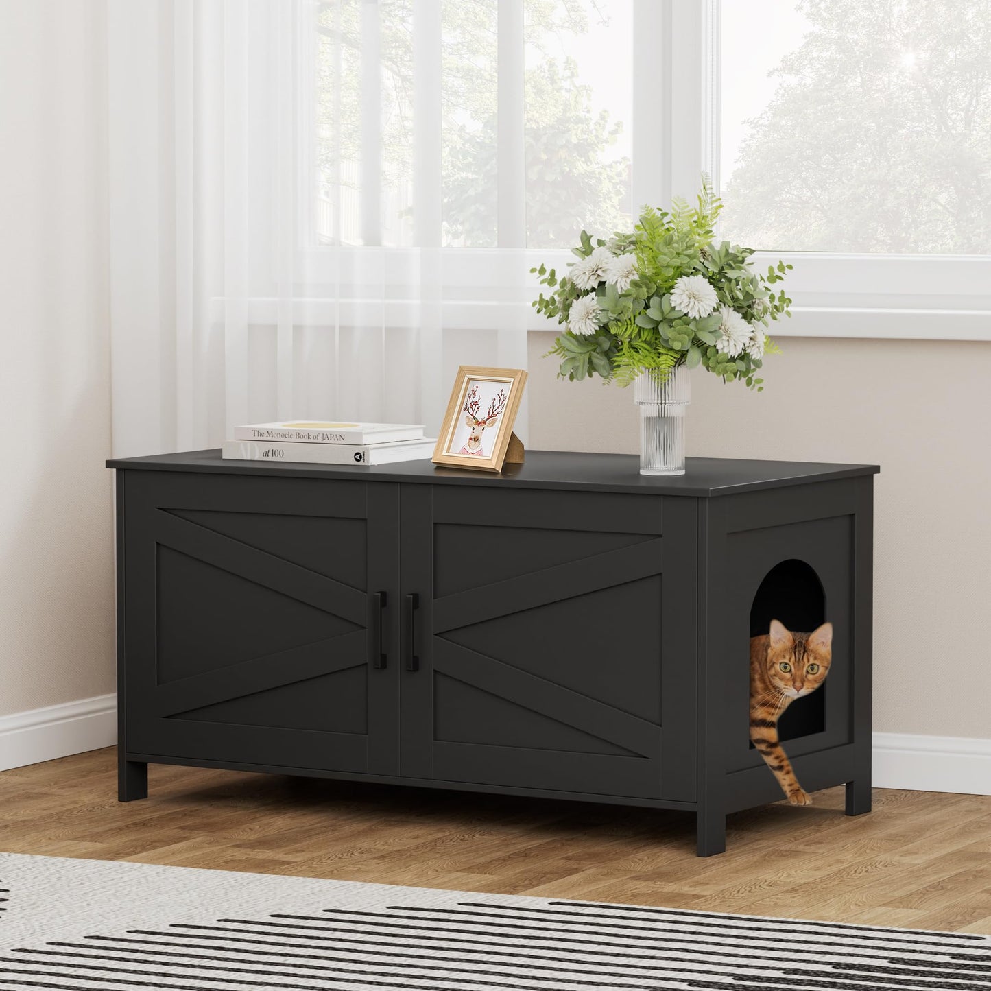 Homhedy Cat Litter Box Enclosure, Wooden Cat Washroom Furniture with Barn Door, Pet House, Fit Most of Litter Box, White
