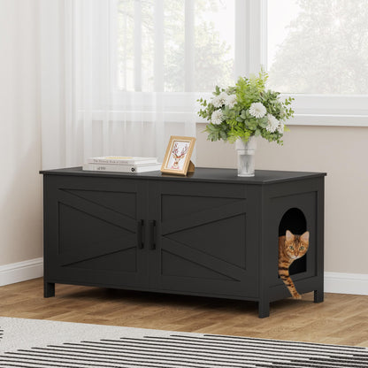 Homhedy Cat Litter Box Enclosure, Wooden Cat Washroom Furniture with Barn Door, Pet House, Fit Most of Litter Box, White