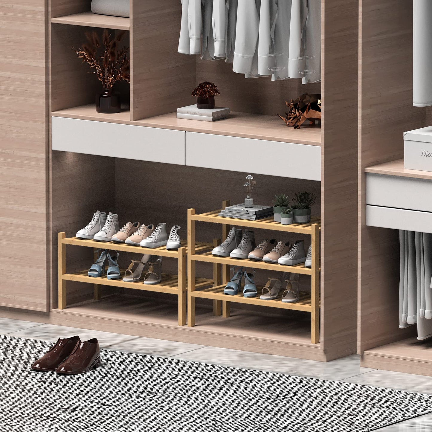 ROMGUAR CRAFT 3 Tier Bamboo Shoe Rack for Closet Free Standing Wood Shoe Shelf Storage Organizer for Entryway Small Space Stackable 27"x11"x20" (Natural)