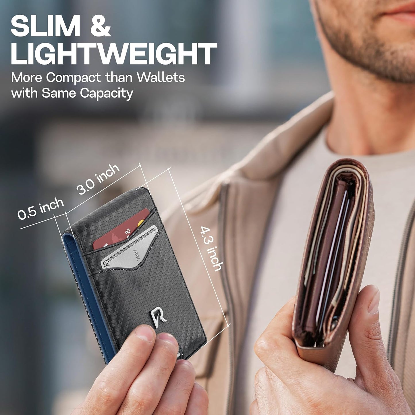 Schlankes RFID-Portemonnaie für Herren – Minimalistisches Portemonnaie für Männer mit Geldklammer, fasst 12 Karten – Langlebiges Leder-Carbonfaser-Herrenportemonnaie – Perfektes Geschenk für Männer (Geldklammer, schwarzes Carbon)