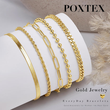 Goldarmbänder für Frauen Stapel Nicht Anlaufen, 14K Vergoldete Stapelbare Armbänder Set für Frauen Trendy, Wasserdicht Einfacher Schmuck Sets Geschenke Inklusive Perlen-/Kuban-/Büroklammer-/Fischgräten-/Seilglieder-Kette, Modeaccessoires