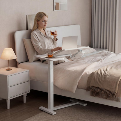 Solid Wood Overbed Bedside Table with Wheels, Tilting Adjustable Hospital Bed Table Over The Bed, Medical Mobile Laptop Stand, Rolling Standing Desk for Hospital and Home Use(Walnut)