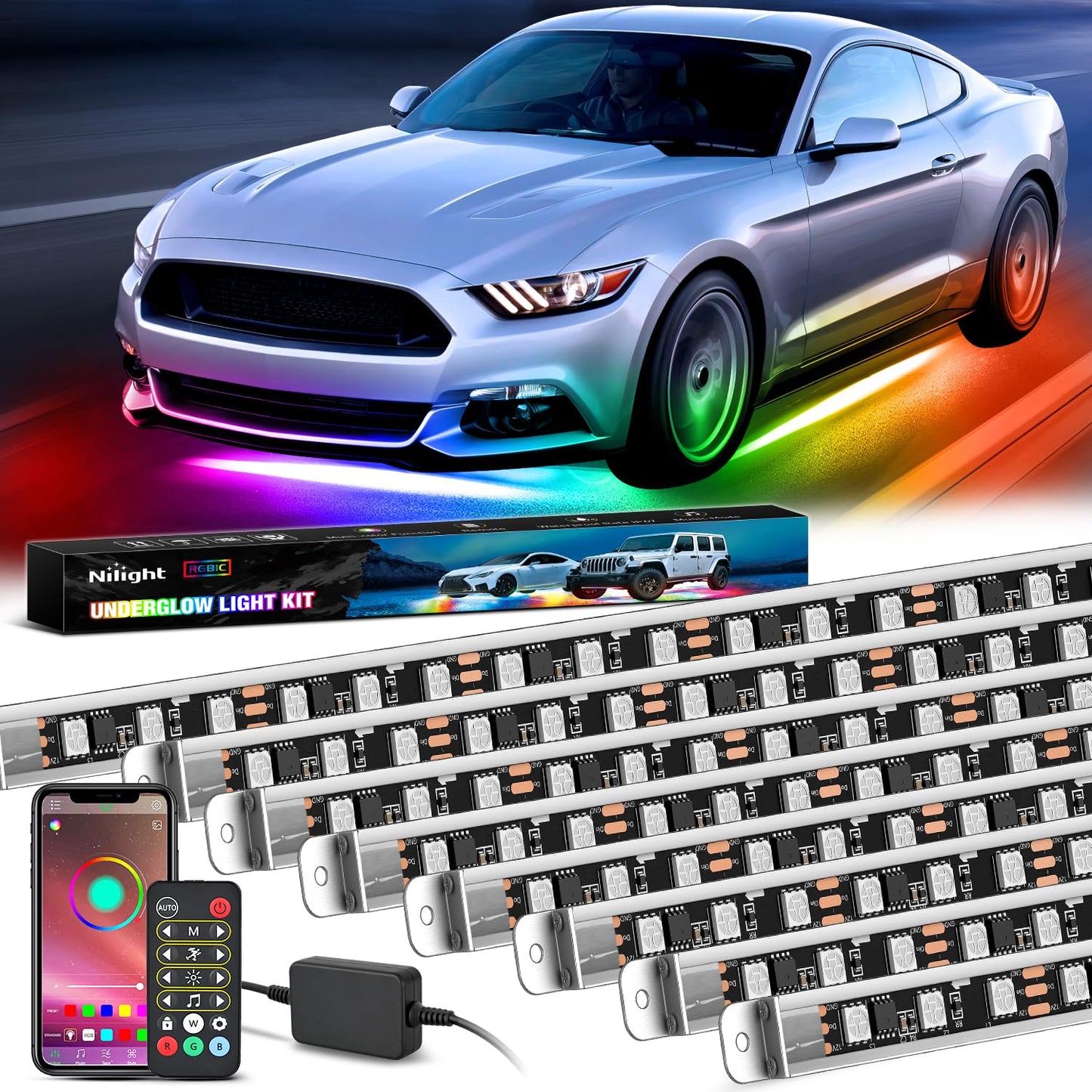 Nilight 4Pcs Car Underglow Neon Accent Strip Lights 252 LEDs RGB 8 Color Sound Active Function Music Mode with Wireless Remote Control Underbody Light Strips for Cars Van SUV Truck