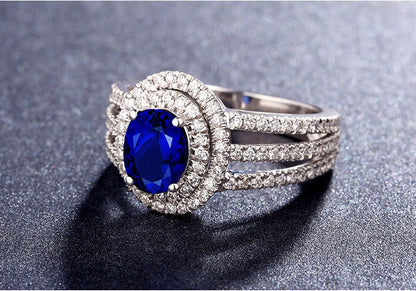 KnSam Women Ring 18K, Blue Sapphire 4 Claws Oval Sapphire with Shinny Diamond