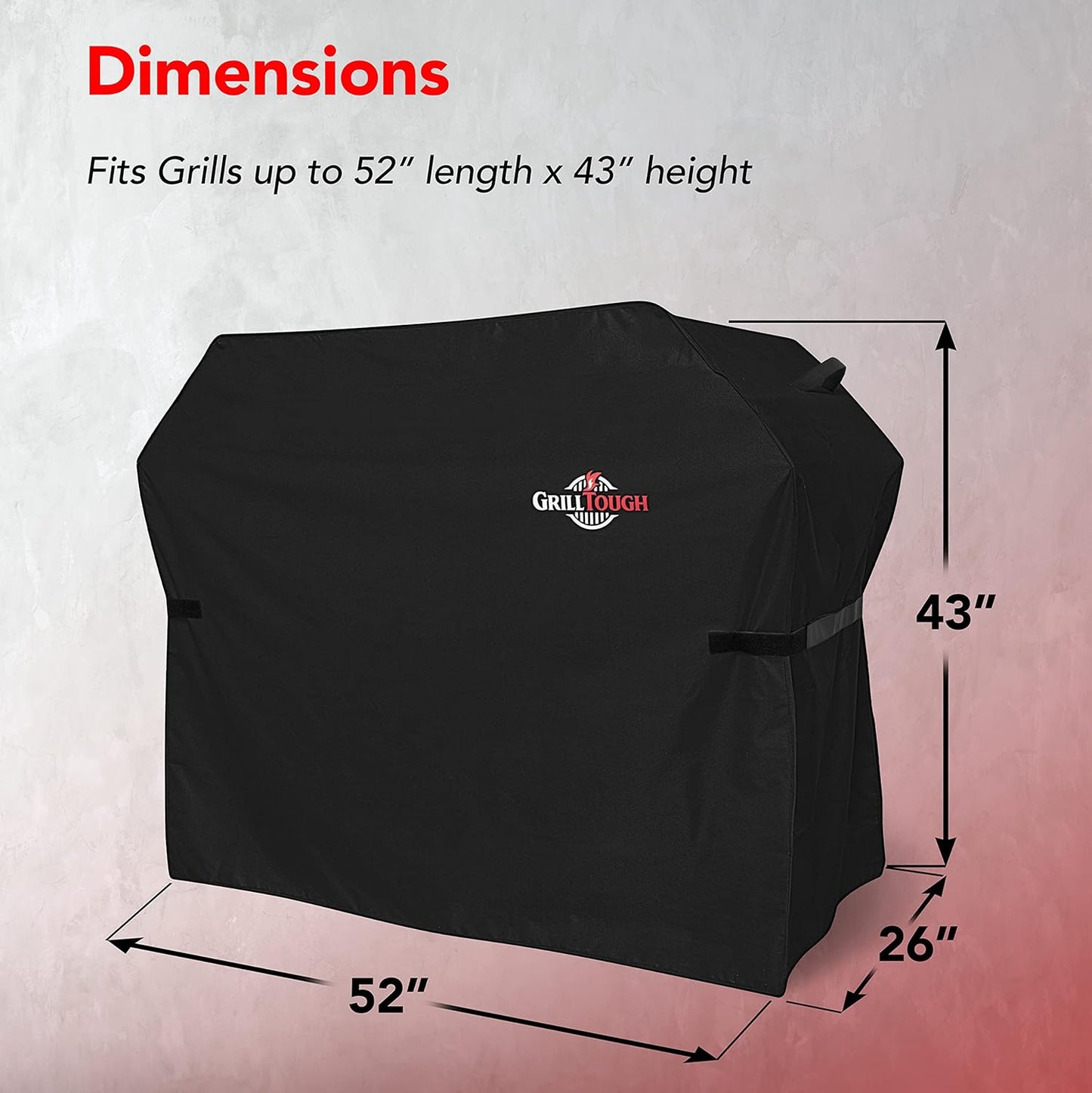 GrillTough Heavy Duty Grillabdeckung für Außengrill, 147 cm – wasserdicht, wetterbeständig, UV- & lichtbeständig mit Befestigungsriemen – Gasgrill Abdeckung für Weber, Genesis, Charbroil etc. Schwarz