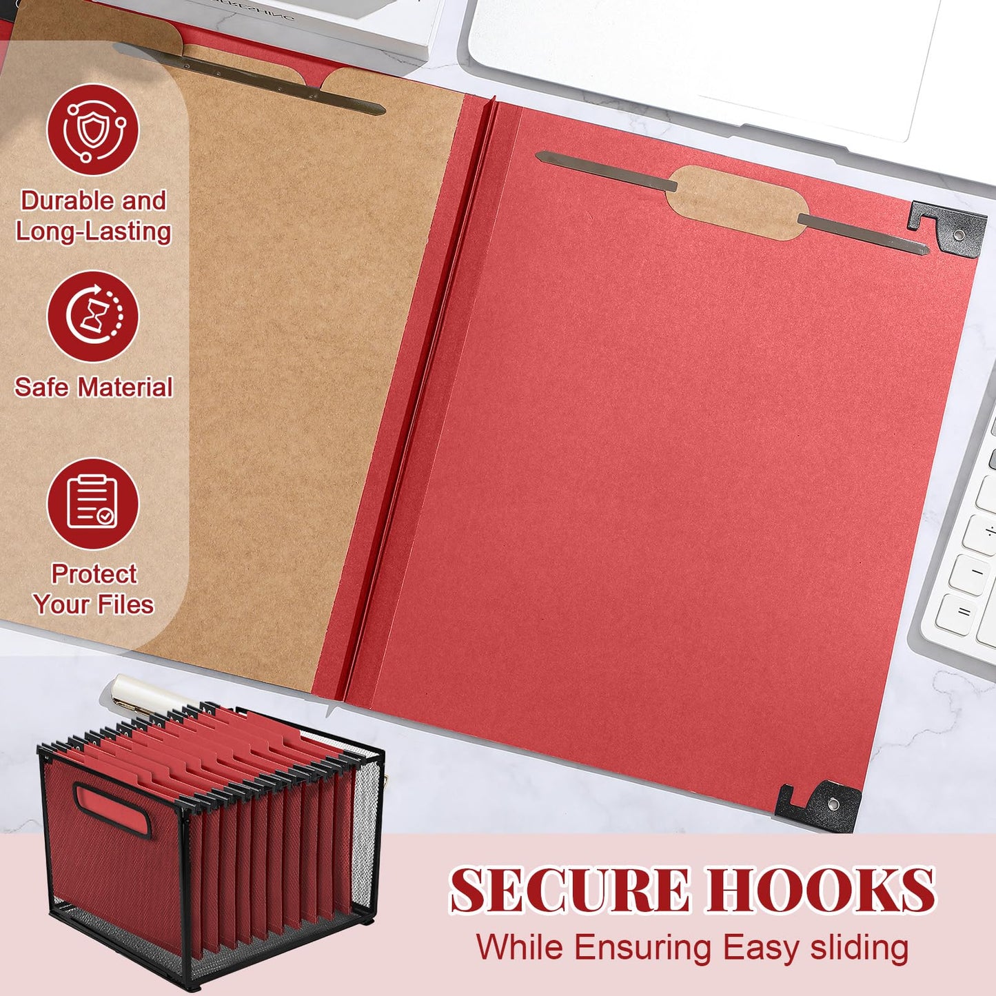 Henoyso 10 Pcs Hanging Classification File Folders, Letter Size Red Folders with 3 Pressboard Dividers, 8 Fasteners, 4 Inch Expansion, 1/3-cut Top Tab for Medical Records and File Cabinet Organizer