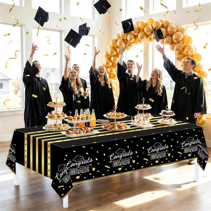 Childom 3 Pack Graduation Tablecloth,Graduation Decorations Class of 2026 Graduation Party Decorations,54"x108" Black and Gold Plastic Table Cloth Disposable Rectangle for Home,School,Party Supplies