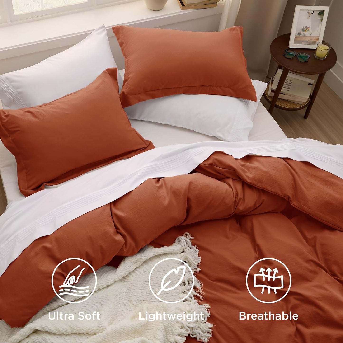 Funda nórdica blanca Bedsure, tamaño Queen, 3 piezas, aspecto de algodón prelavado, juego de cama extrasuave, incluye 1 funda nórdica de 228 x 228 cm con cierre de cremallera y 2 fundas de almohada, edredón no incluido