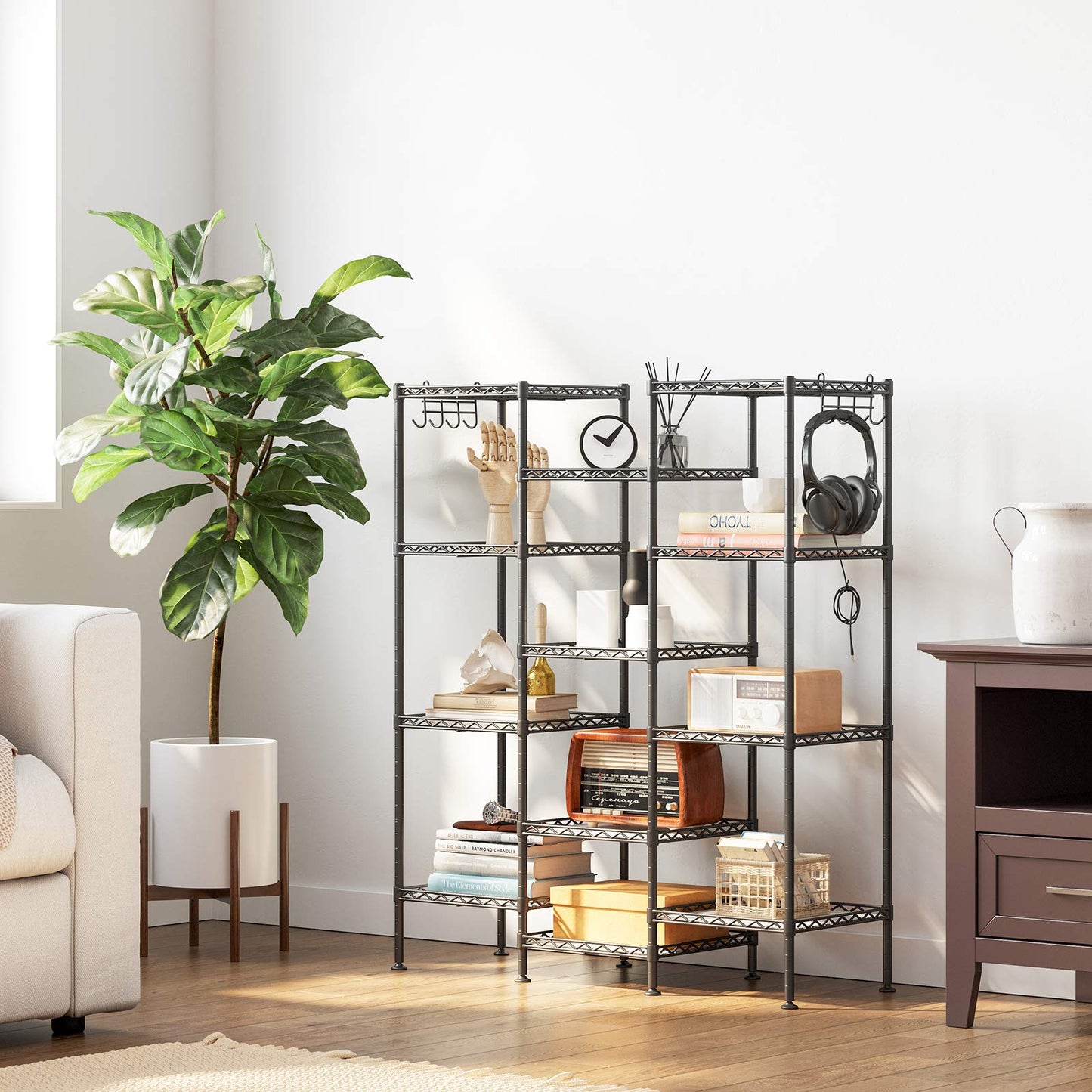 SONGMICS Storage Shelf, Small Metal Wire Shelving Unit, Adjustable Shelves, for Small Spaces, Garage, Bedroom, Living Room, Kitchen, Pantry, 5 Tier, 11.8 x 11.8 x 47.6 Inches, Ink Black ULGR123BH01