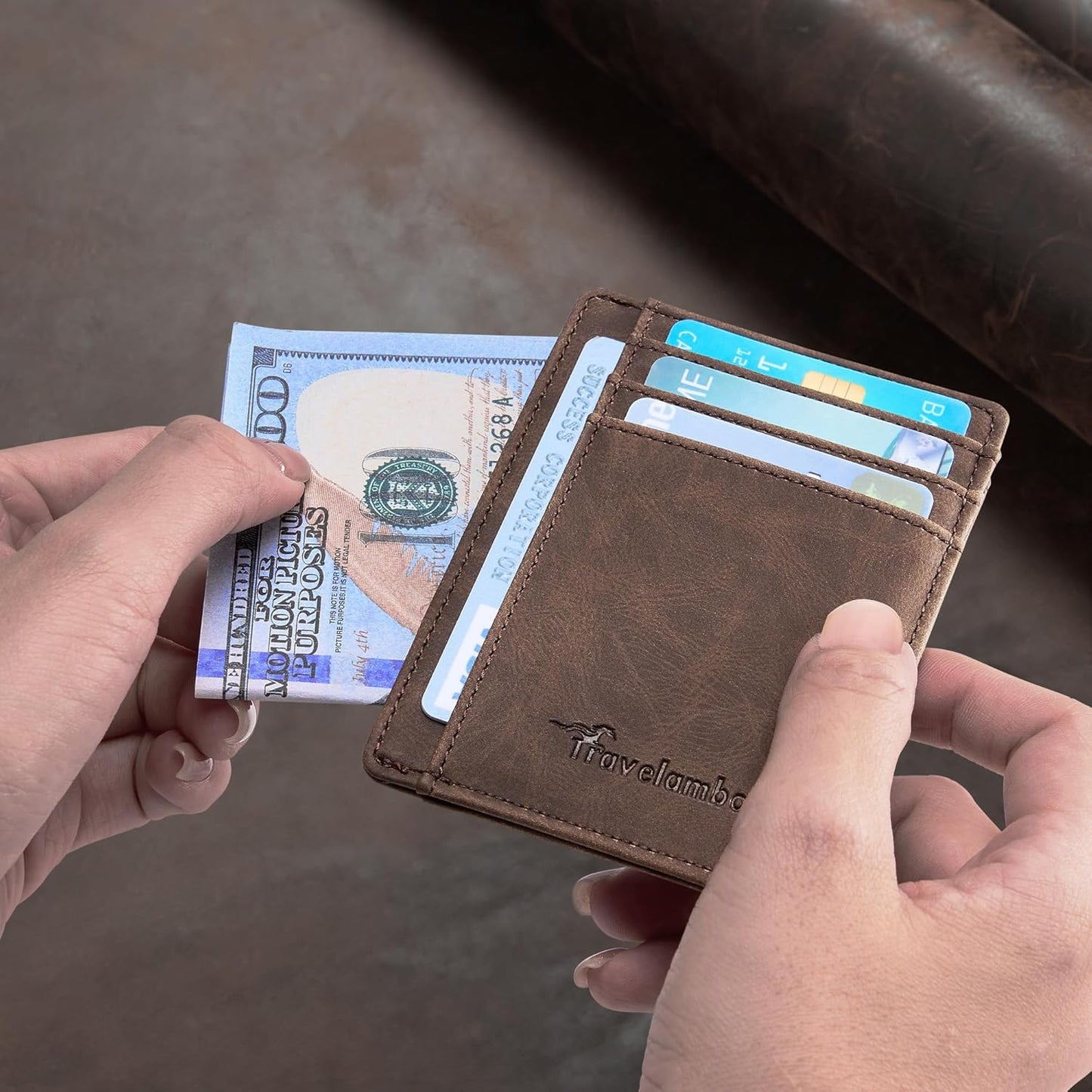 Travelambo Slim Wallet, Fronttasche, minimalistisch, Leder, RFID-blockierend, mittelgroß