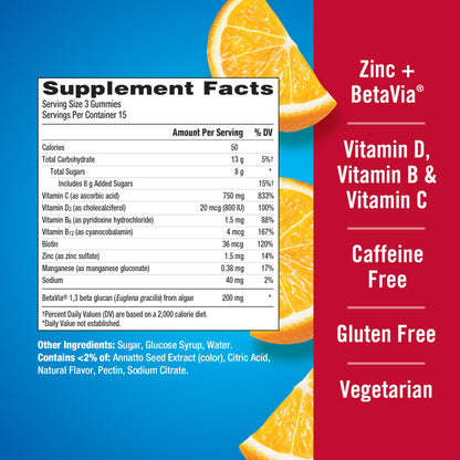 Emergen-C Immune+ Triple Action Immune Support Gummies, BetaVia (R), 1000mg Vitamin C, B Vitamins, Vitamin D and Antioxidants, Super Orange, Back to School Essentials - 45 Count (Pack of 12)