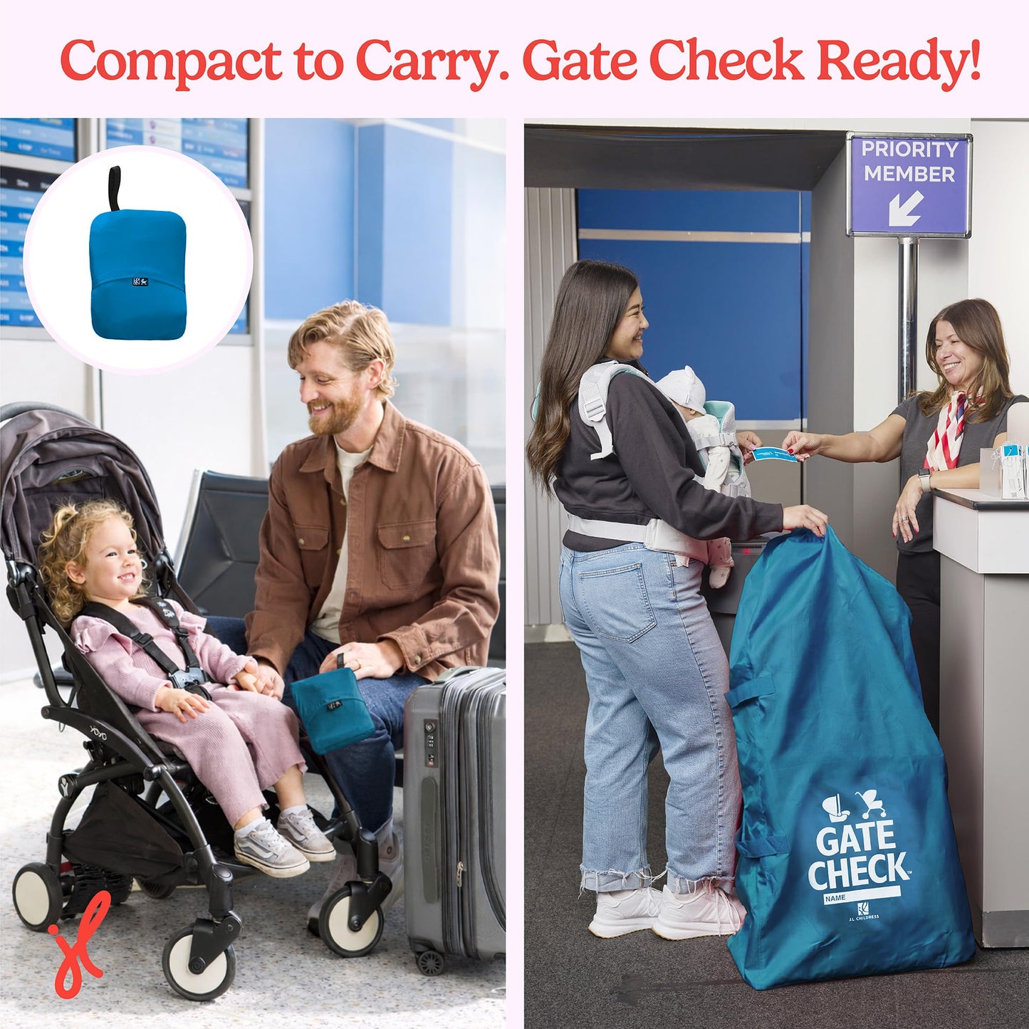J.L. Childress Gate Check Bag for Single & Some Double Strollers - Travel Bag for Airplane, Fits Most Standard Baby Strollers, Airport Accessories Gate Check, Flying Essentials - Neon Blue