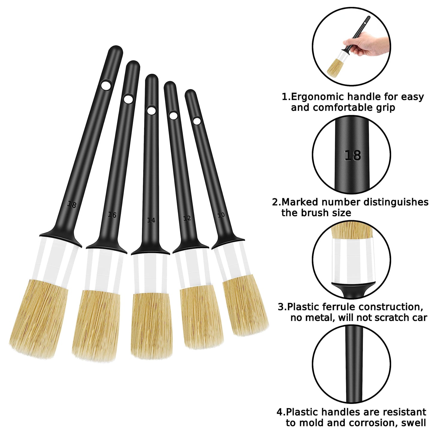 10pcs Auto Car Detailing Brush Set Car Interior Cleaning Kit Includes 5 Boar Hair Detail Brush,3 Wire Brush, 2 Air Vent Brush for Cleaning Interior Exterior, Dashboard Engines Leather Wheel