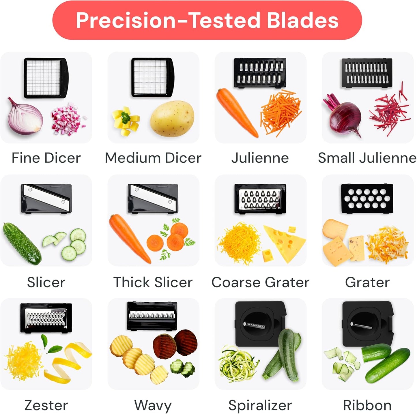 Fullstar Gemüsehacker und Mandolinenschneider - Julienne-Schneider, Würfelschneider, Reibe für Lebensmittel, Gemüse, Zwiebeln, Gurken, Tomaten, Salat, Kartoffeln, Käse - Küchenutensilien & Gadgets (Kompakt 6-in-1, Weiß)