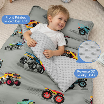 PHF Toddler Nap Mat with Removable Pillow and Minky Blanket, Rollup Design Kids Sleeping Mat, Slumber Bags for Boys, 55"x23" Toddler Sleeping Bag for Daycare Preschool Travel Camping, Space