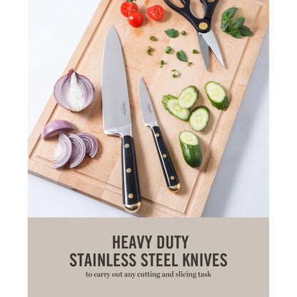 Martha Stewart Knife Block Set 16-Piece - Lockton High Carbon Stainless Steel Forged Full Tang Chef Knives, Acacia Wood Block, Triple Riveted Handles, Linen White & Gold
