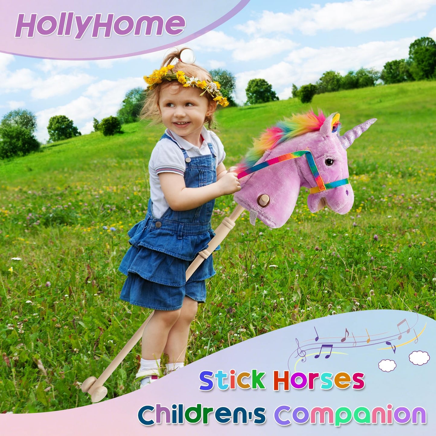 HollyHOME Plüsch Einhorn Steckenpferd mit Holzrädern Echten Pony Wiehern und Galoppieren Geräuschen Plüschtier Rosa 94 cm (AA Batterien Benötigt)