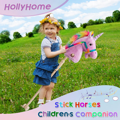 HollyHOME Plüsch Einhorn Steckenpferd mit Holzrädern Echten Pony Wiehern und Galoppieren Geräuschen Plüschtier Rosa 94 cm (AA Batterien Benötigt)